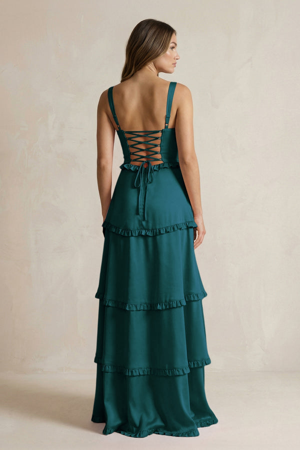 Tiered Ruffled A - Line Bridesmaid Dress With Slit in Pine - KISS BRIDAL Bridesmaid Dresses