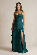 Tiered Ruffled A - Line Bridesmaid Dress With Slit in Pine - KISS BRIDAL Bridesmaid Dresses