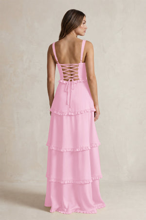 Tiered Ruffled A-Line Bridesmaid Dress With Slit in Pink (2) | KISSBRIDAL