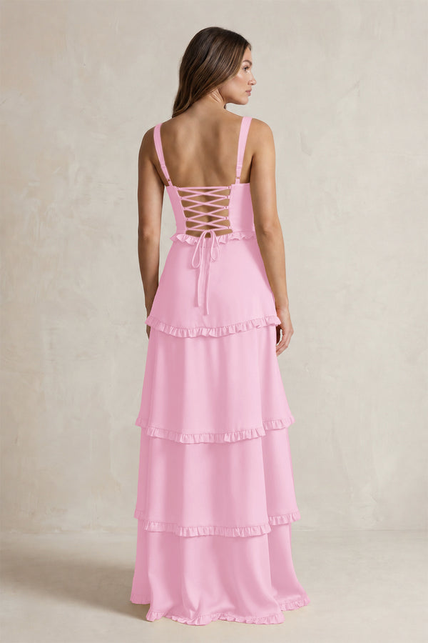 Tiered Ruffled A-Line Bridesmaid Dress With Slit in Pink (2) | KISSBRIDAL