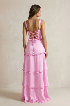 Tiered Ruffled A - Line Bridesmaid Dress With Slit in Pink - KISS BRIDAL Bridesmaid Dresses