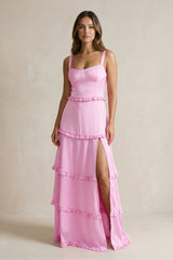 Tiered Ruffled A - Line Bridesmaid Dress With Slit in Pink - KISS BRIDAL Bridesmaid Dresses