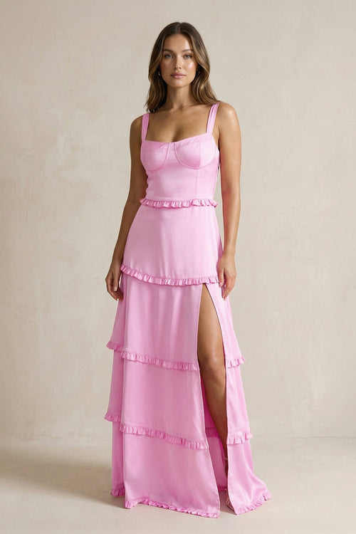 Tiered Ruffled A - Line Bridesmaid Dress With Slit in Pink - KISS BRIDAL Bridesmaid Dresses