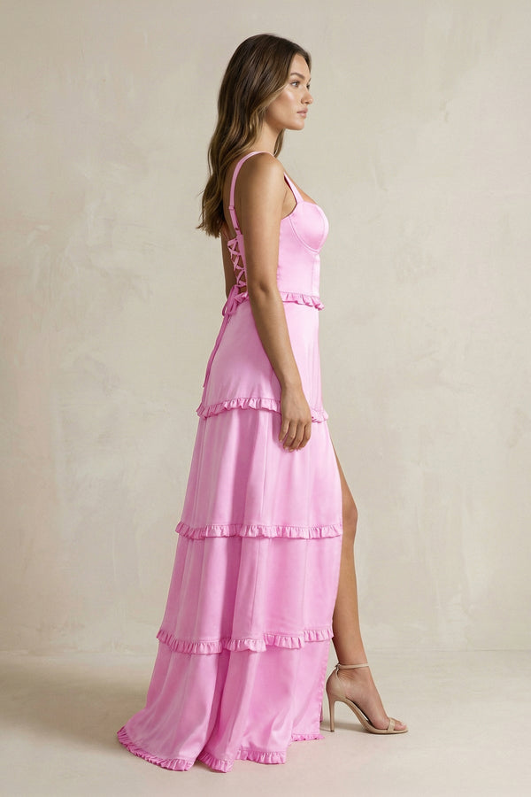 Tiered Ruffled A - Line Bridesmaid Dress With Slit in Pink - KISS BRIDAL Bridesmaid Dresses