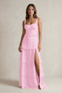 Tiered Ruffled A-Line Bridesmaid Dress With Slit in Pink | KISSBRIDAL