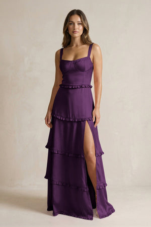 Tiered Ruffled A - Line Bridesmaid Dress With Slit in Plum - KISS BRIDAL Bridesmaid Dresses