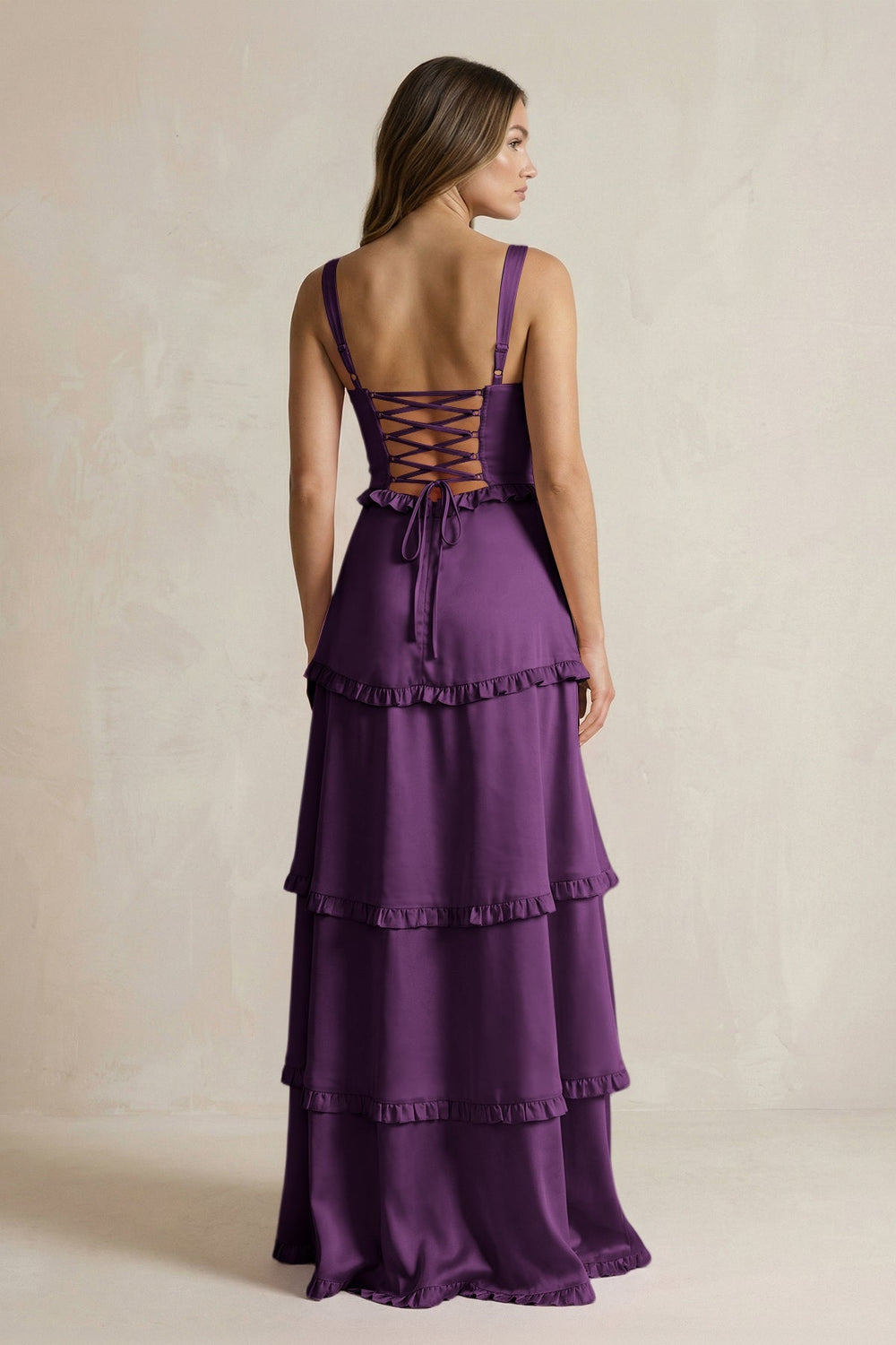 Tiered Ruffled A - Line Bridesmaid Dress With Slit in Plum - KISS BRIDAL Bridesmaid Dresses