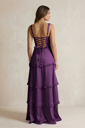 Tiered Ruffled A - Line Bridesmaid Dress With Slit in Plum - KISS BRIDAL Bridesmaid Dresses