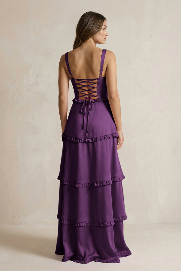 Tiered Ruffled A - Line Bridesmaid Dress With Slit in Plum - KISS BRIDAL Bridesmaid Dresses