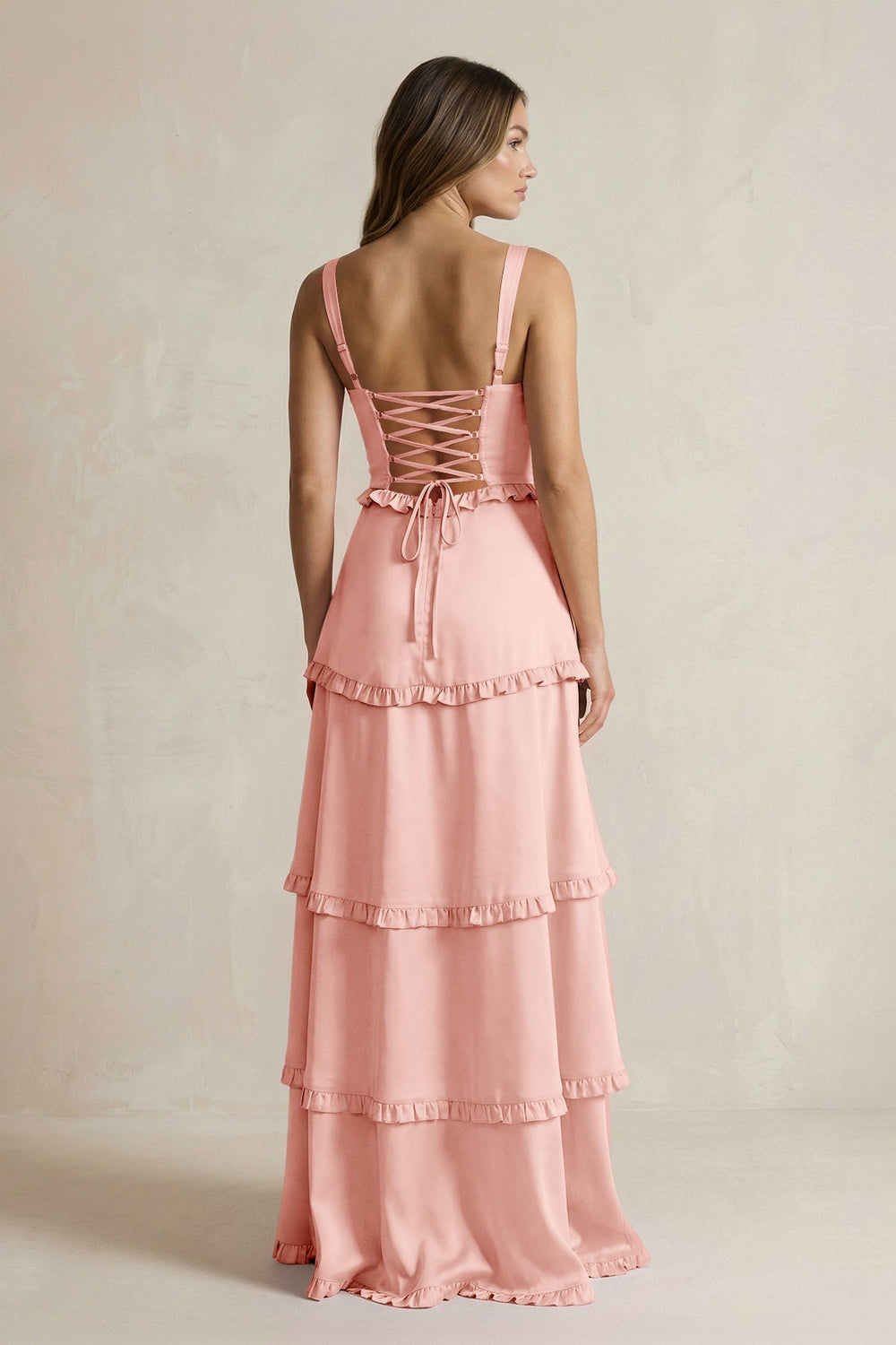 Tiered Ruffled A - Line Bridesmaid Dress With Slit in Rose Petal - KISS BRIDAL Bridesmaid Dresses