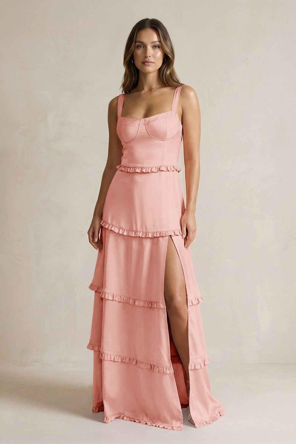 Tiered Ruffled A - Line Bridesmaid Dress With Slit in Rose Petal - KISS BRIDAL Bridesmaid Dresses