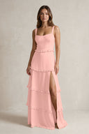 Tiered Ruffled A-Line Bridesmaid Dress With Slit in Rose Petal - KISSBRIDAL