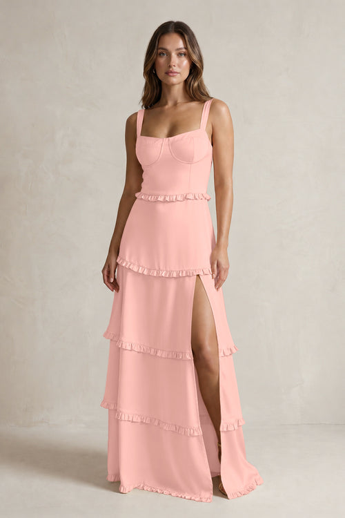 Tiered Ruffled A-Line Bridesmaid Dress With Slit in Rose Petal - KISSBRIDAL