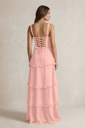 Tiered Ruffled A-Line Bridesmaid Dress With Slit in Rose Petal - KISSBRIDAL
