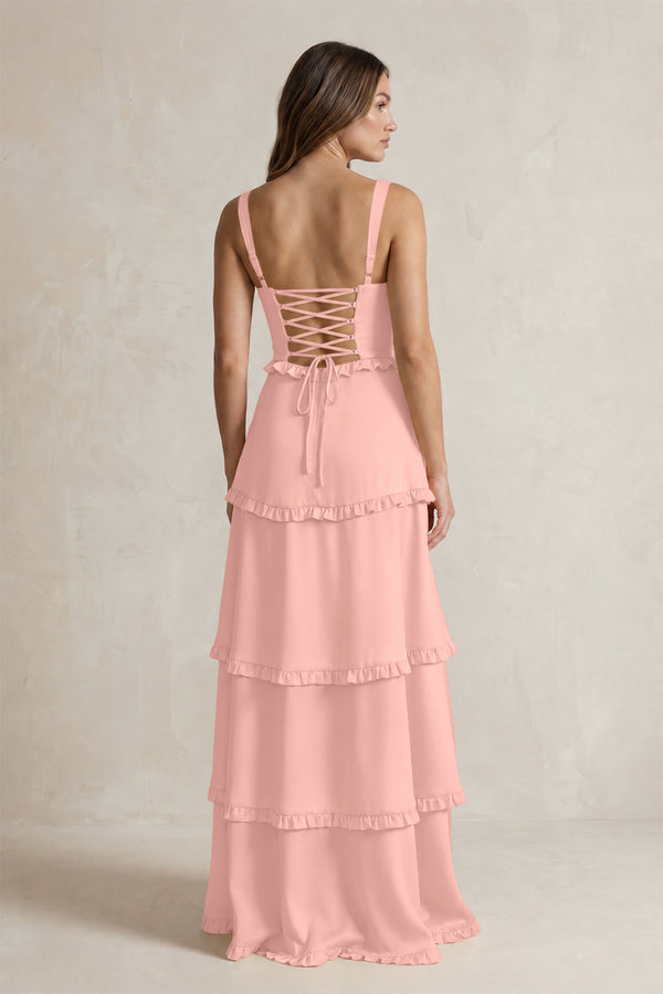Tiered Ruffled A-Line Bridesmaid Dress With Slit in Rose Petal - KISSBRIDAL