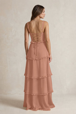Tiered Ruffled A-Line Bridesmaid Dress With Slit in Rosette (2) | KISSBRIDAL