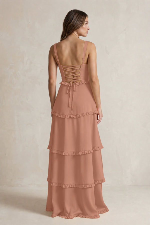 Tiered Ruffled A-Line Bridesmaid Dress With Slit in Rosette (2) | KISSBRIDAL