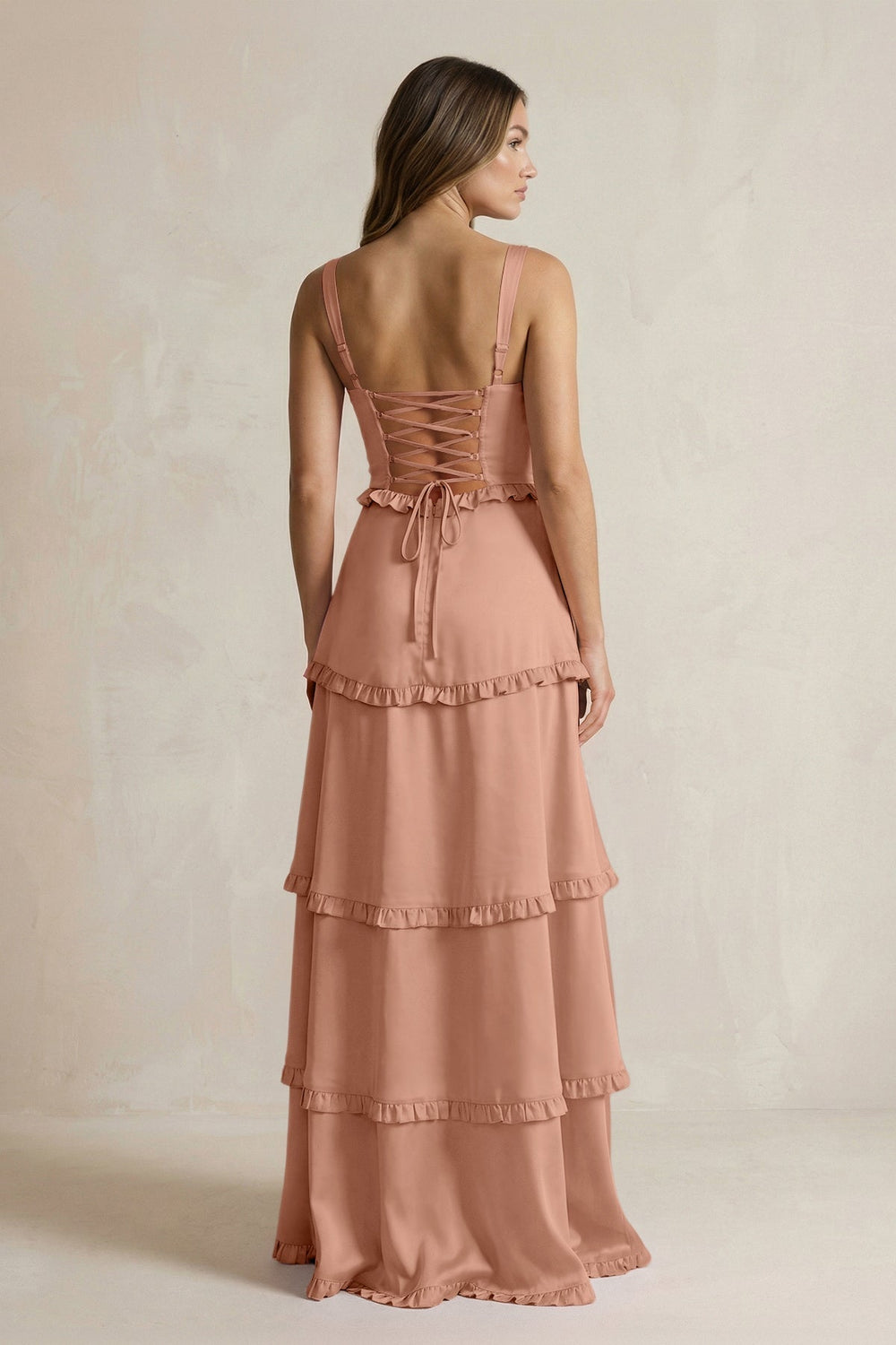 Tiered Ruffled A - Line Bridesmaid Dress With Slit in Rosette - KISS BRIDAL Bridesmaid Dresses
