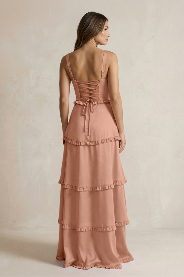 Tiered Ruffled A - Line Bridesmaid Dress With Slit in Rosette - KISS BRIDAL Bridesmaid Dresses
