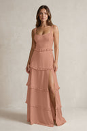 Tiered Ruffled A-Line Bridesmaid Dress With Slit in Rosette | KISSBRIDAL