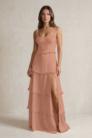 Tiered Ruffled A-Line Bridesmaid Dress With Slit in Rosette | KISSBRIDAL