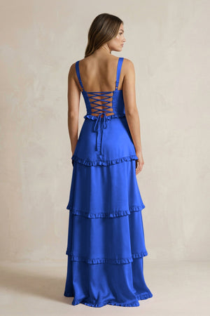 Tiered Ruffled A - Line Bridesmaid Dress With Slit in Royal Blue - KISS BRIDAL Bridesmaid Dresses