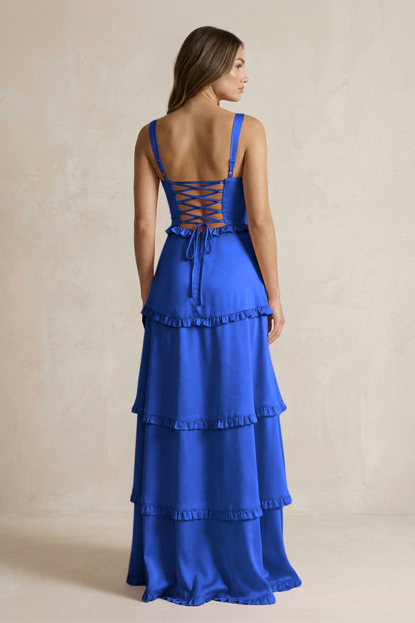 Tiered Ruffled A - Line Bridesmaid Dress With Slit in Royal Blue - KISS BRIDAL Bridesmaid Dresses