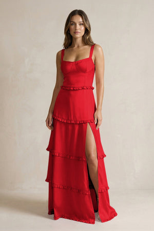 Tiered Ruffled A - Line Bridesmaid Dress With Slit in Ruby Red - KISS BRIDAL Bridesmaid Dresses