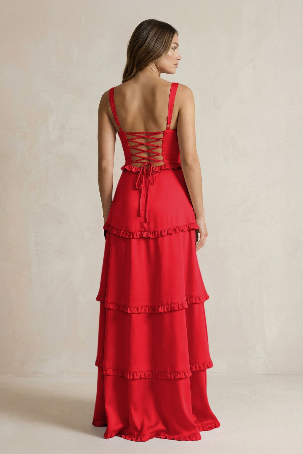 Tiered Ruffled A - Line Bridesmaid Dress With Slit in Ruby Red - KISS BRIDAL Bridesmaid Dresses
