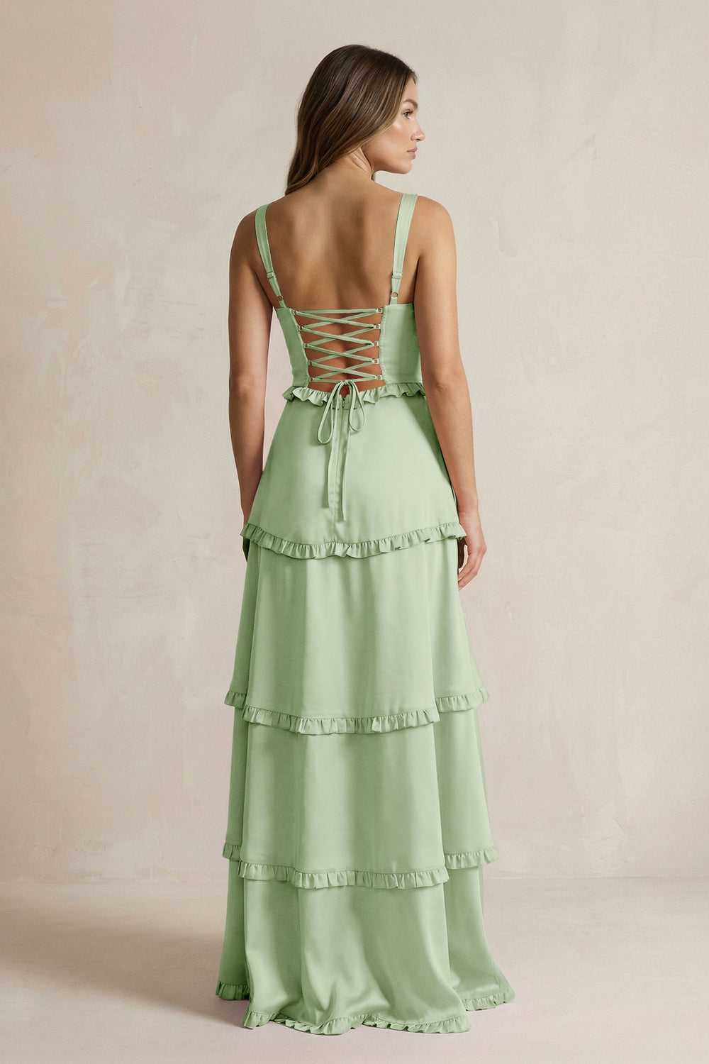 Tiered Ruffled A - Line Bridesmaid Dress With Slit in Sage - KISS BRIDAL Bridesmaid Dresses