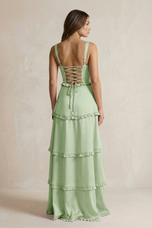 Tiered Ruffled A - Line Bridesmaid Dress With Slit in Sage - KISS BRIDAL Bridesmaid Dresses