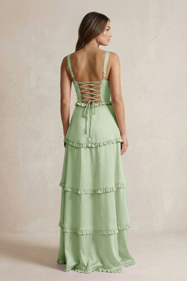 Tiered Ruffled A - Line Bridesmaid Dress With Slit in Sage - KISS BRIDAL Bridesmaid Dresses