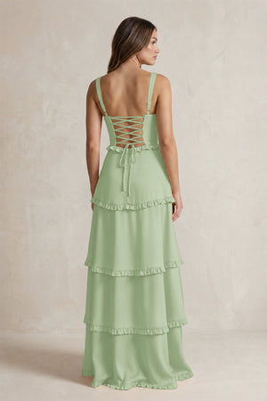 Tiered Ruffled A-Line Bridesmaid Dress With Slit in Sage (2) | KISSBRIDAL