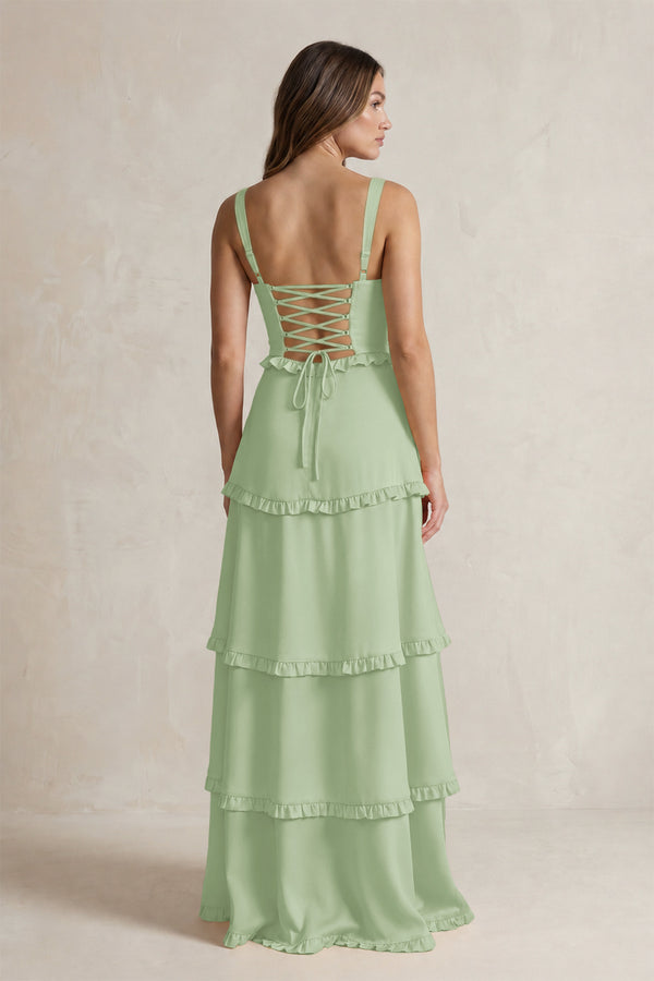 Tiered Ruffled A-Line Bridesmaid Dress With Slit in Sage (2) | KISSBRIDAL