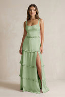 Tiered Ruffled A - Line Bridesmaid Dress With Slit in Sage - KISS BRIDAL Bridesmaid Dresses