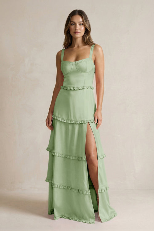 Tiered Ruffled A - Line Bridesmaid Dress With Slit in Sage - KISS BRIDAL Bridesmaid Dresses
