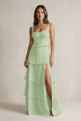 Tiered Ruffled A-Line Bridesmaid Dress With Slit in Sage | KISSBRIDAL