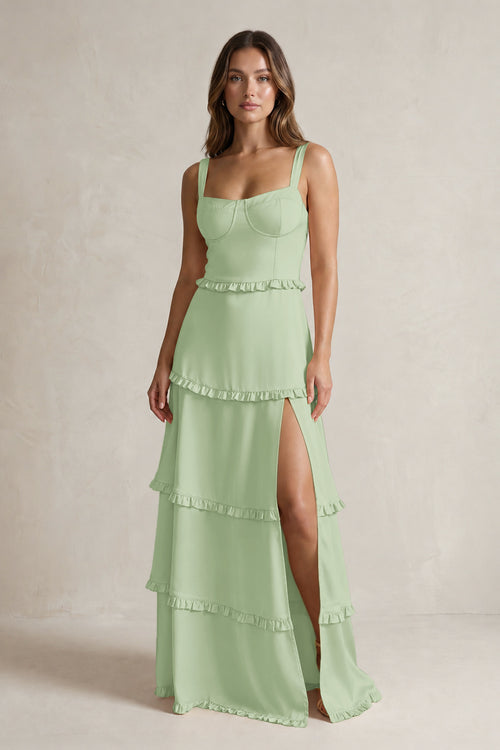 Tiered Ruffled A-Line Bridesmaid Dress With Slit in Sage | KISSBRIDAL