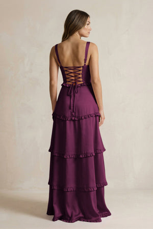 Tiered Ruffled A - Line Bridesmaid Dress With Slit in Sangria - KISS BRIDAL Bridesmaid Dresses