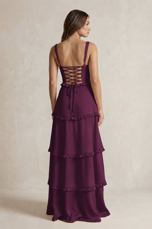 Tiered Ruffled A-Line Bridesmaid Dress With Slit in Sangria (2) | KISSBRIDAL