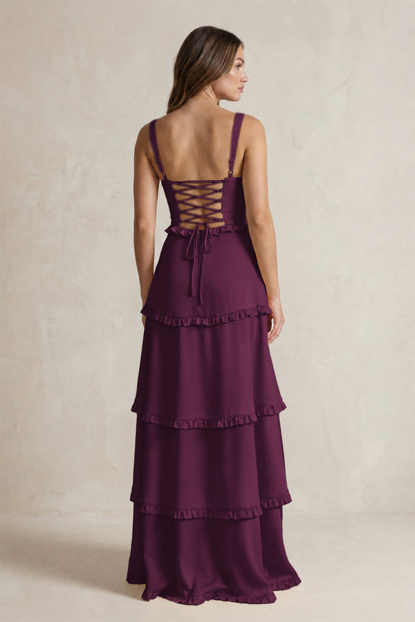 Tiered Ruffled A-Line Bridesmaid Dress With Slit in Sangria (2) | KISSBRIDAL