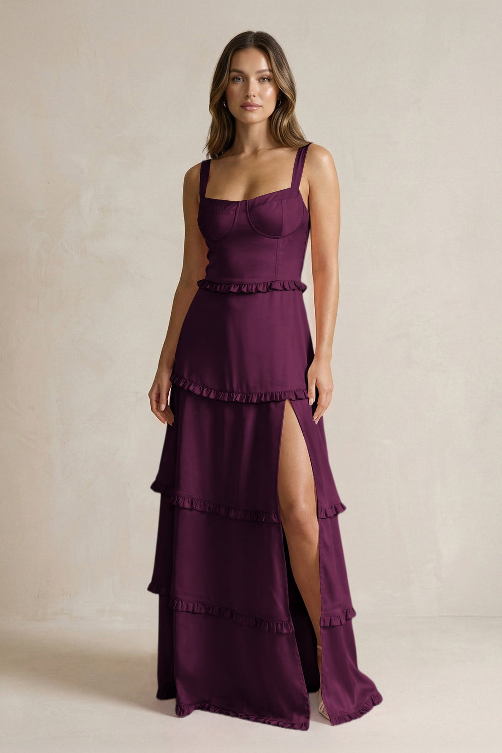 Tiered Ruffled A - Line Bridesmaid Dress With Slit in Sangria - KISS BRIDAL Bridesmaid Dresses