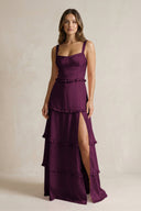 Tiered Ruffled A - Line Bridesmaid Dress With Slit in Sangria - KISS BRIDAL Bridesmaid Dresses