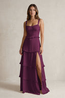 Tiered Ruffled A-Line Bridesmaid Dress With Slit in Sangria | KISSBRIDAL