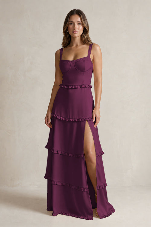 Tiered Ruffled A-Line Bridesmaid Dress With Slit in Sangria | KISSBRIDAL