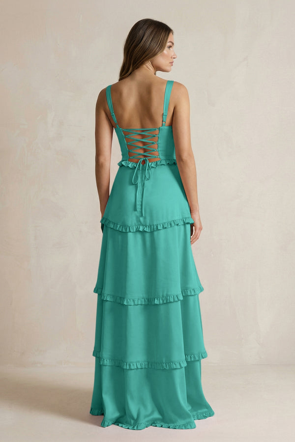Tiered Ruffled A - Line Bridesmaid Dress With Slit in Sea Glass - KISS BRIDAL Bridesmaid Dresses