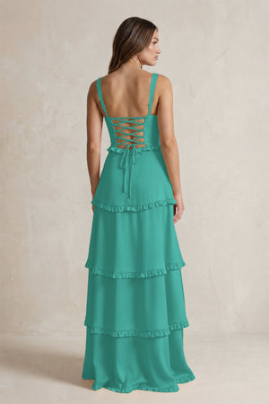 Tiered Ruffled A-Line Bridesmaid Dress With Slit in Sea Glass (2) | KISSBRIDAL