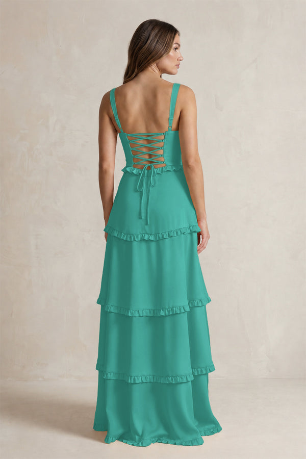 Tiered Ruffled A-Line Bridesmaid Dress With Slit in Sea Glass (2) | KISSBRIDAL