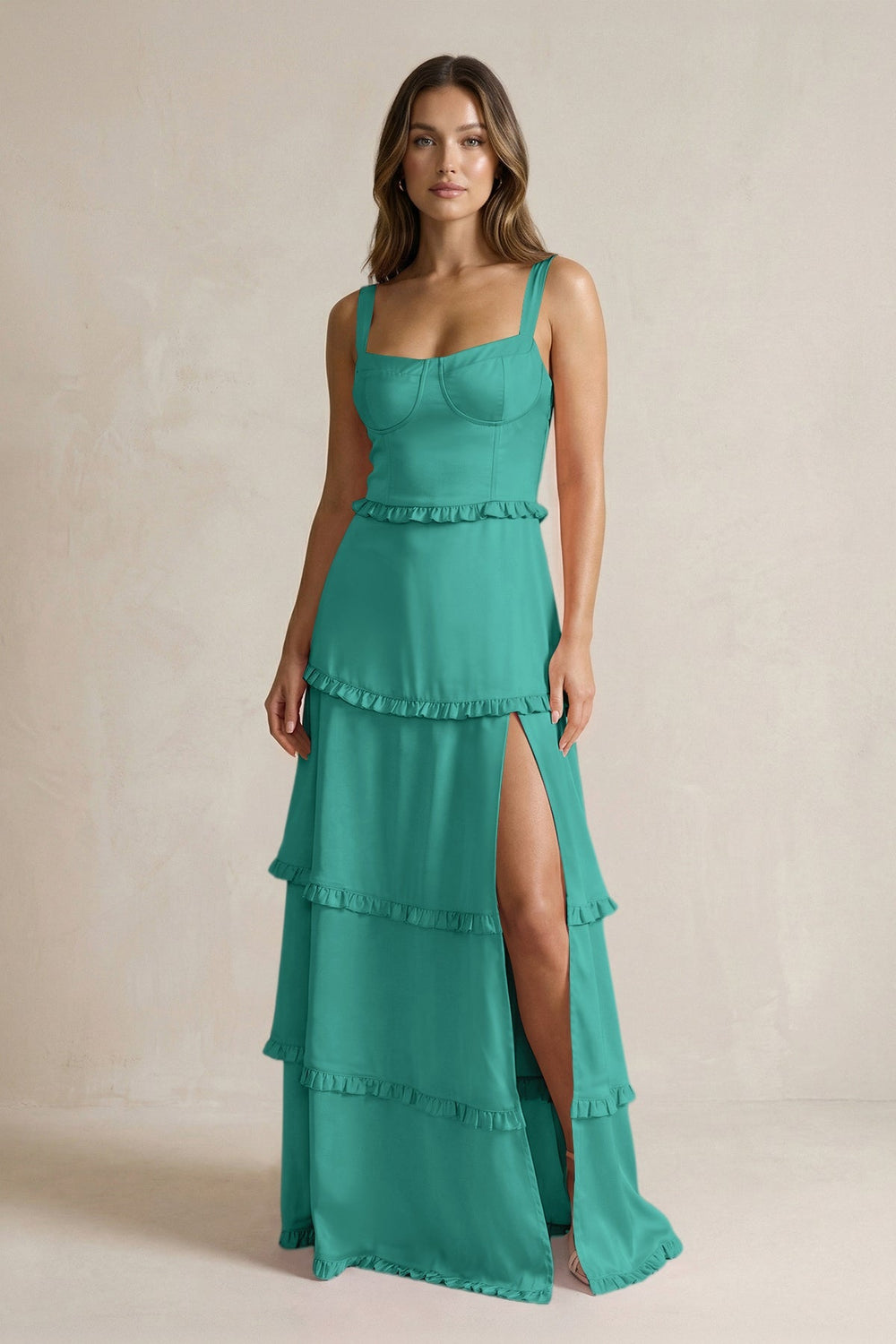Tiered Ruffled A - Line Bridesmaid Dress With Slit in Sea Glass - KISS BRIDAL Bridesmaid Dresses