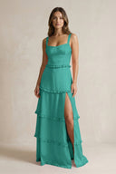Tiered Ruffled A - Line Bridesmaid Dress With Slit in Sea Glass - KISS BRIDAL Bridesmaid Dresses